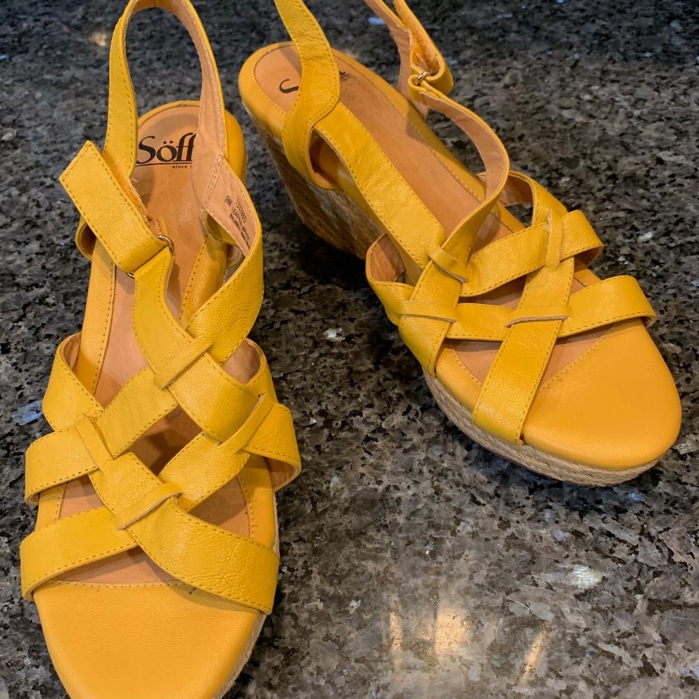 Sun Yellow woven wedge med heel sandal